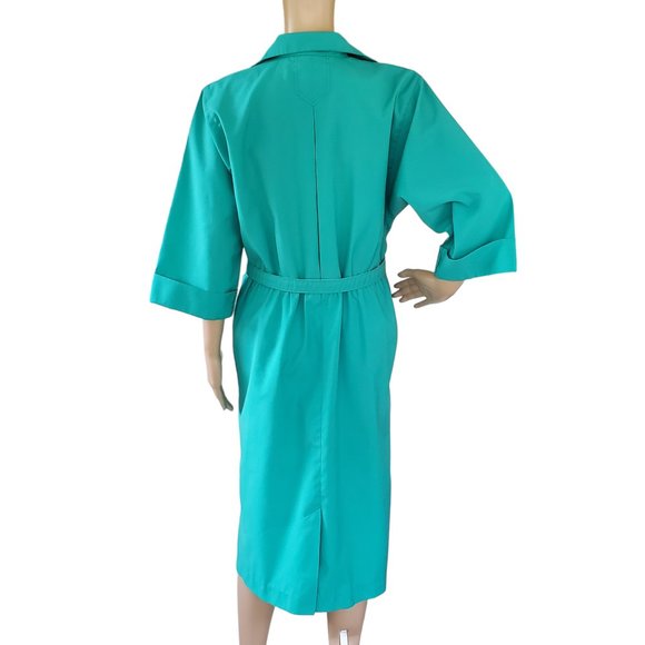 Vintage 80s Shirt Dress Women's Medium Green Career Secretary Pockets Belt Midi - Picture 7 of 14